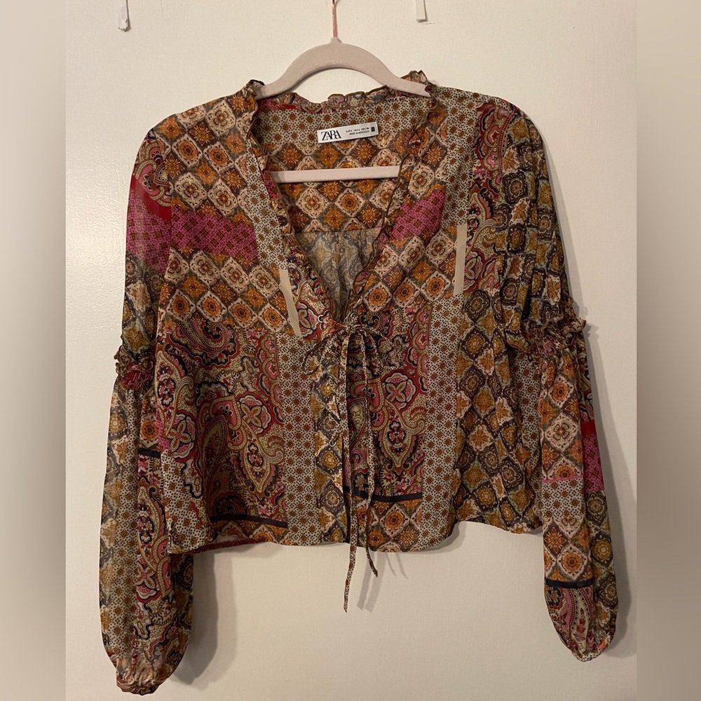 ZARA Geometric Floral Print Semi-Sheer Crop Long Balloon Sleeve Blouse Size L